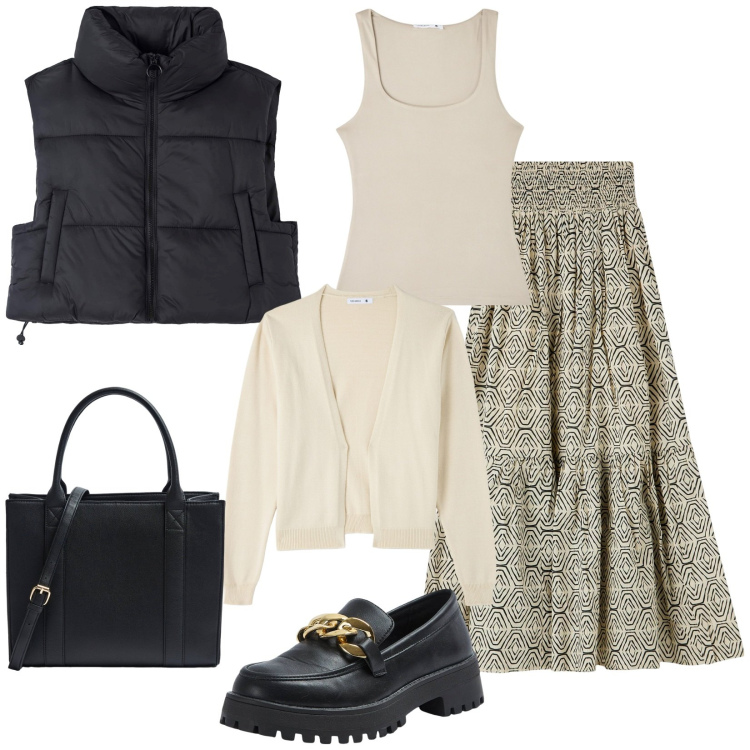 Outfit donna - Giornata di shopping. Stile Casual per Tutti i giorni. Abbinamento con piumini, gonne lunghe, cardigans, mocassini, canottiere, shopping bag.