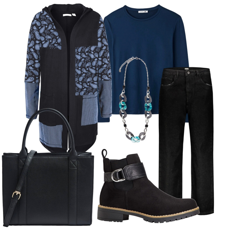 Outfit donna - Oggi sotto la pioggia. Stile Casual chic per Ufficio. Abbinamento con stivaletti, cardigans, t-shirt, shopping bag, jeans, collane.