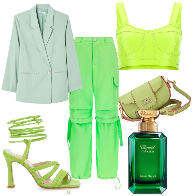 Outfit donna - Tonalità di verde. Stile Glamour per Serata fuori. Abbinamento con profumi, blazer, pantaloni cargo, top, pochette, sandali col tacco.