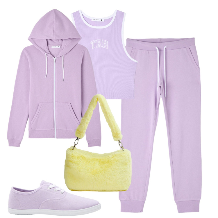 Outfit donna - Lilla. Stile Casual per Tutti i giorni. Abbinamento con sneakers, canottiere, pantaloni, felpe con cappuccio, borse a spalla.