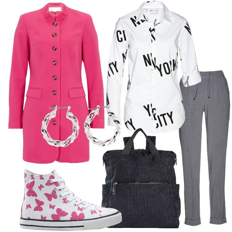 Outfit donna - Bonprix - Linee naturali Curvy. Stile Trendy per Tutti i giorni. Abbinamento con pantaloni, zaini, orecchini, blazer, camicie, sneakers alte.