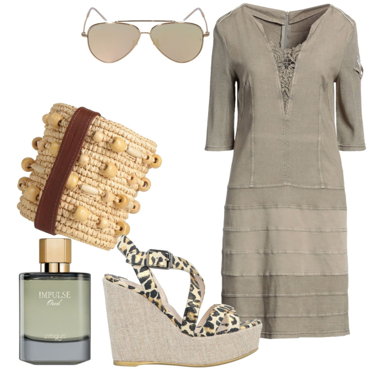 Outfit donna - Total look #1826298. Stile Casual per Tutti i giorni. Abbinamento con vestiti corti, sandali in pelle, borse a spalla, profumi, occhiali da sole.