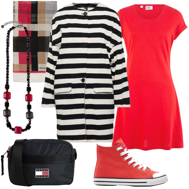 Outfit donna - Righe intramontabili. Stile Casual per Tutti i giorni. Abbinamento con vestiti, sneakers alte, borse a tracolla, cappotti, collane, sciarpe.