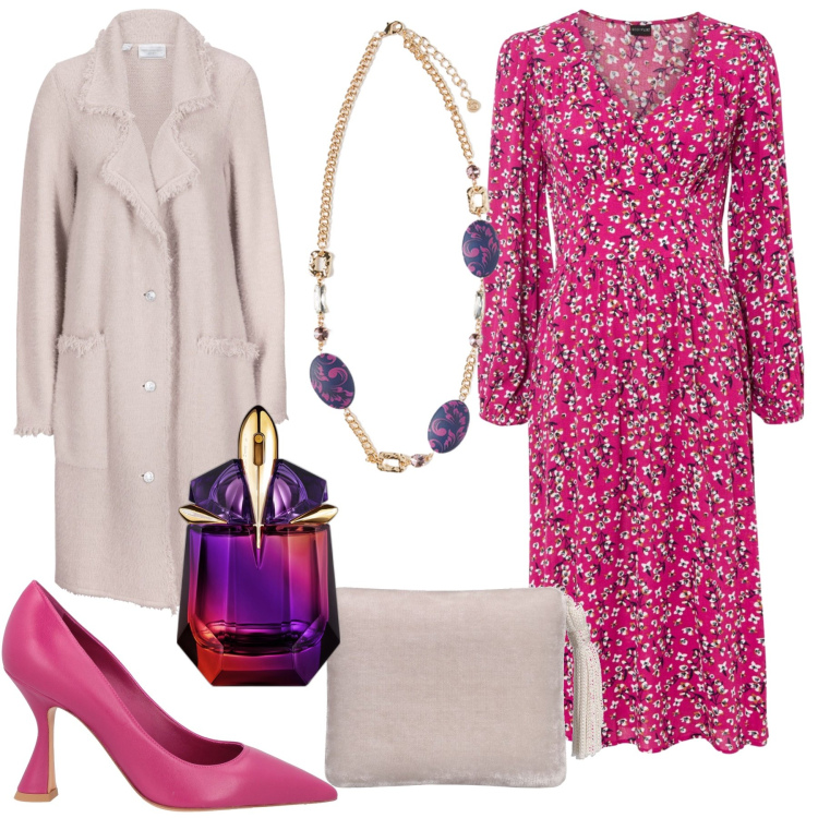 Outfit donna - Primavera in arrivo. Stile Romantica per Serata fuori. Abbinamento con vestiti midi/longuette, cardigans, décolleté, profumi, pochette, ciondoli.