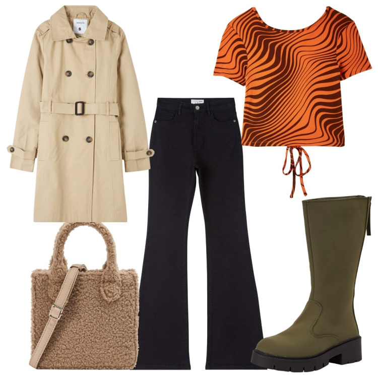 Outfit donna - Terranova SS24: 70s. Stile 70s per Tutti i giorni. Abbinamento con trench, jeans a zampa, stivaletti, t-shirt, shopping bag.