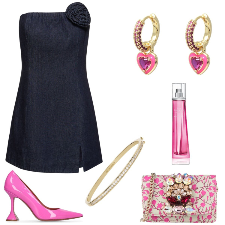 Outfit donna - Aperitivo. Stile Chic per Serata fuori. Abbinamento con borse a tracolla, orecchini, profumi, braccialetti, décolleté, vestiti.