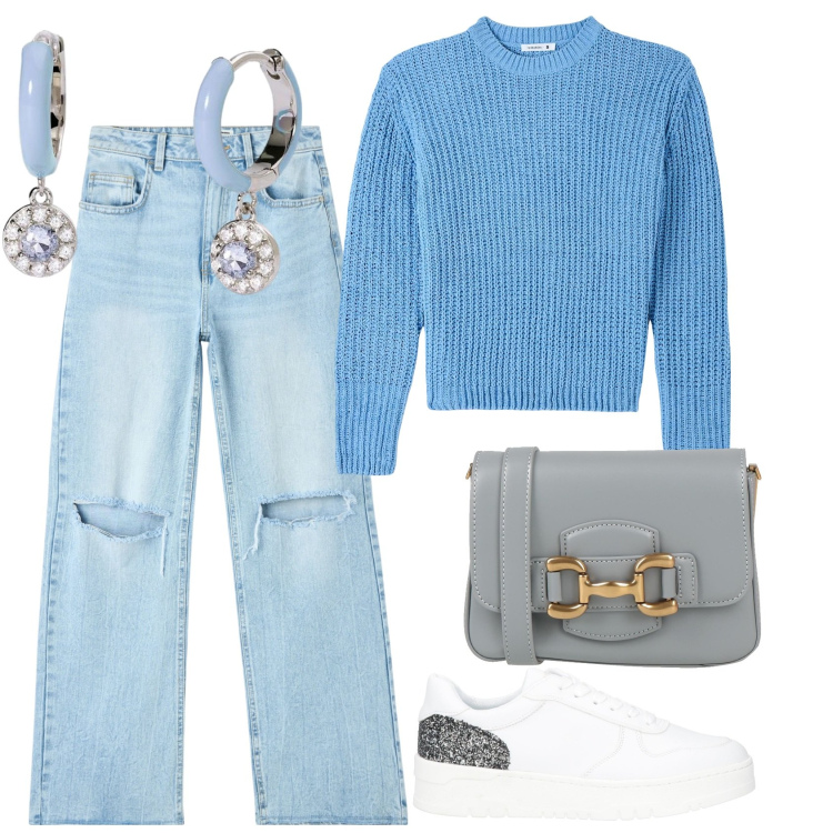 Outfit donna - Colori tenui. Stile Casual per Tutti i giorni. Abbinamento con borse a tracolla, sneakers, jeans strappati, maglieria, orecchini.