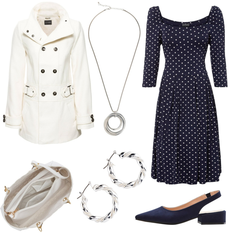 Outfit donna - Primavera in ufficio. Stile Romantica per Ufficio. Abbinamento con décolleté, vestiti, blazer, borse a mano, orecchini, collane.