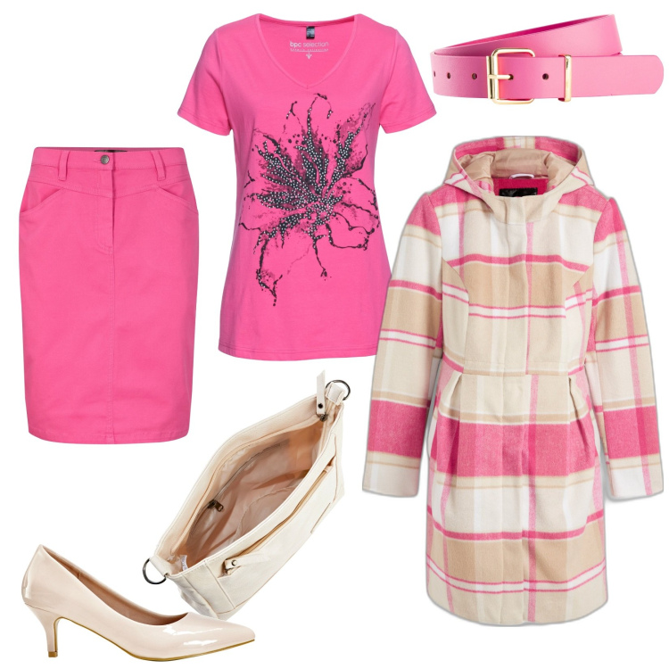 Outfit donna - Total look primaverile. Stile Chic per Tutti i giorni. Abbinamento con gonne, cinture, blazer, t-shirt, décolleté, borse a tracolla.