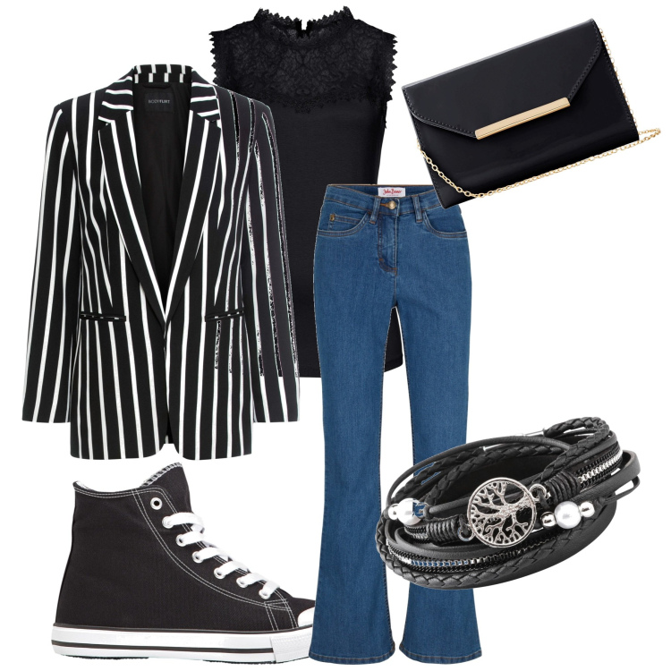 Outfit donna - Casual chic. Stile Casual chic per Scuola/Università. Abbinamento con top, blazer, jeans bootcut, braccialetti, sneakers alte, pochette.