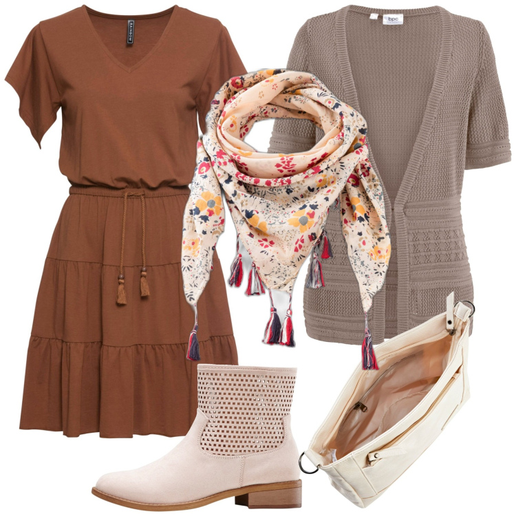 Outfit donna - Bonprix /Linee naturali. Stile Bon Ton per Tutti i giorni. Abbinamento con cardigans, vestiti, foulard, stivaletti, borse a tracolla.