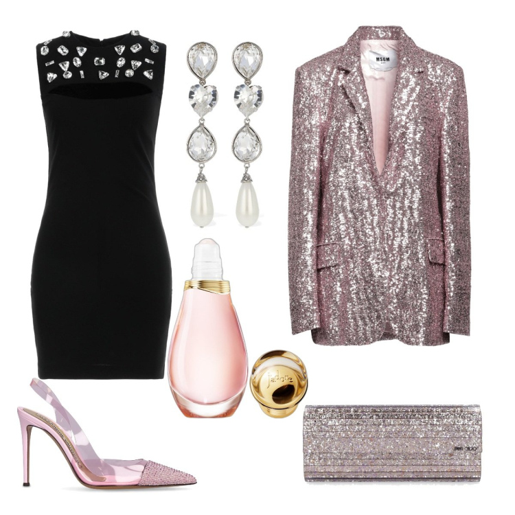 Outfit donna - Rosa e scintille. Stile Chic per Cerimonia. Abbinamento con blazer, vestiti corti, profumi, décolleté, orecchini, pochette.