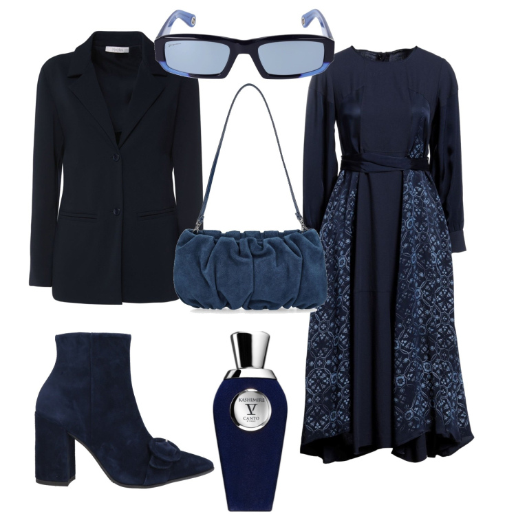 Outfit donna - Bon ton per una domenica. Stile Bon Ton per Tutti i giorni. Abbinamento con vestiti lunghi, stivaletti, profumi, blazer, borse a mano, occhiali da sole.