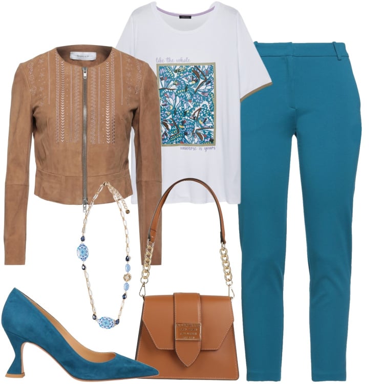 Outfit donna - City. Stile Urban per Tutti i giorni. Abbinamento con décolleté, pantaloni, blazer, borse a spalla, t-shirt, ciondoli.