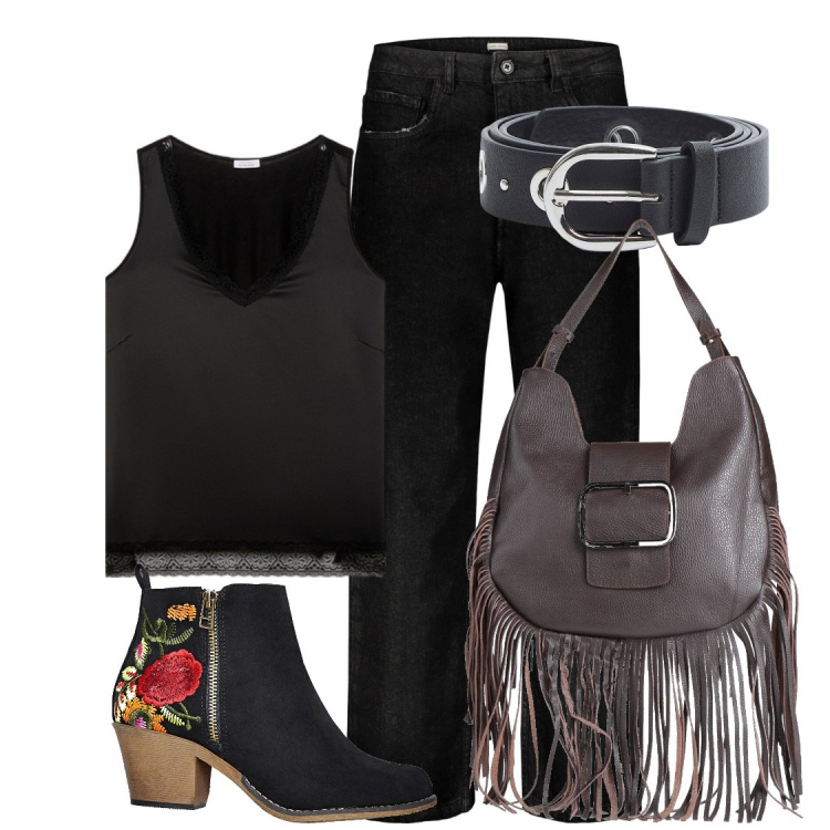 Outfit donna - Grinta. Abbinamento con stivaletti, borse a spalla, cinture, top, jeans.
