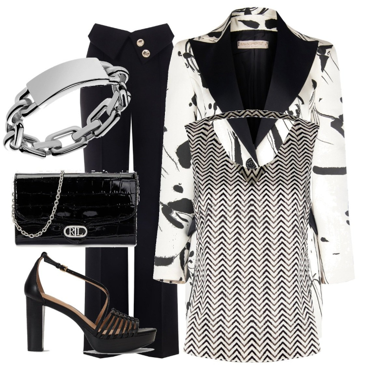 Outfit donna - Glam. Stile Glamour per Cerimonia. look ideale per Tall. Abbinamento con top, blazer, pantaloni a palazzo, anelli, sandali in pelle, borse a tracolla.
