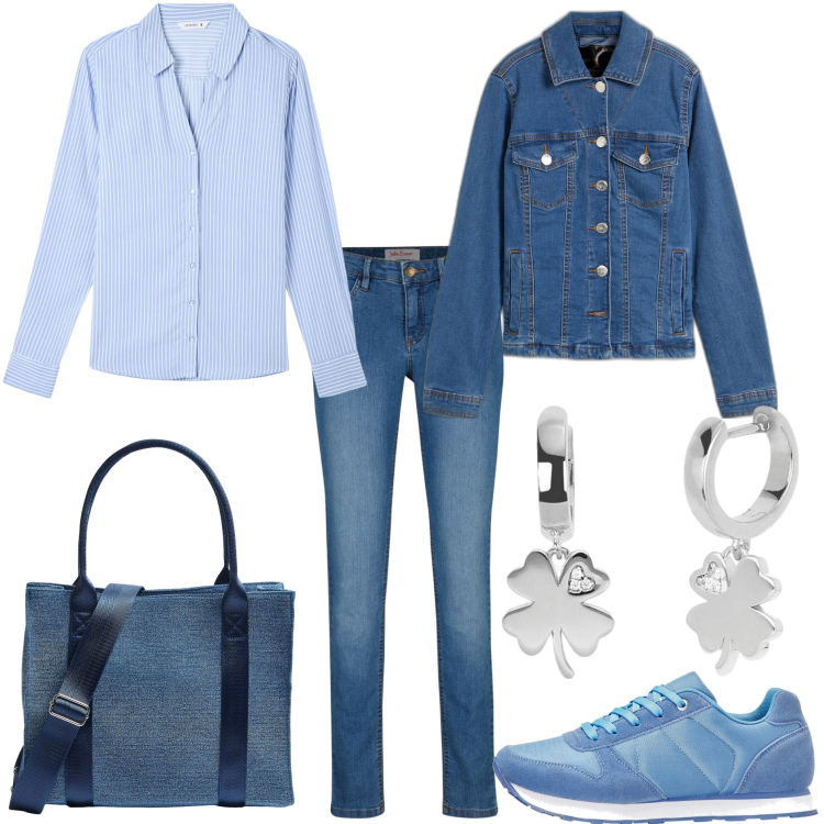 Outfit donna - Primavera fortunata. Stile Casual per Tutti i giorni. Abbinamento con jeans skinny, blazer, sneakers, camicie, shopping bag, orecchini.
