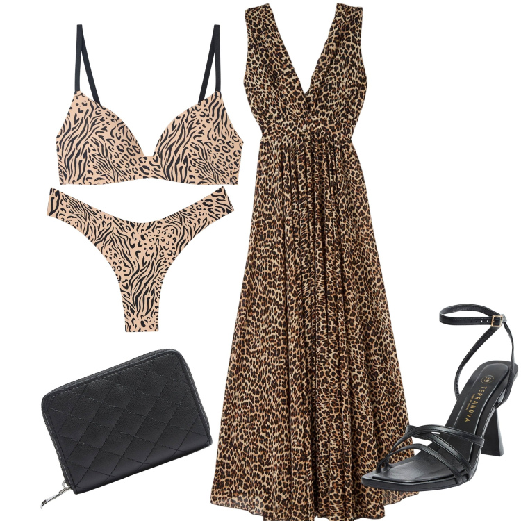 Outfit donna - Animalier. Stile Casual chic per Serata fuori. Abbinamento con reggiseni, vestiti lunghi, portafogli, sandali col tacco, culotte.