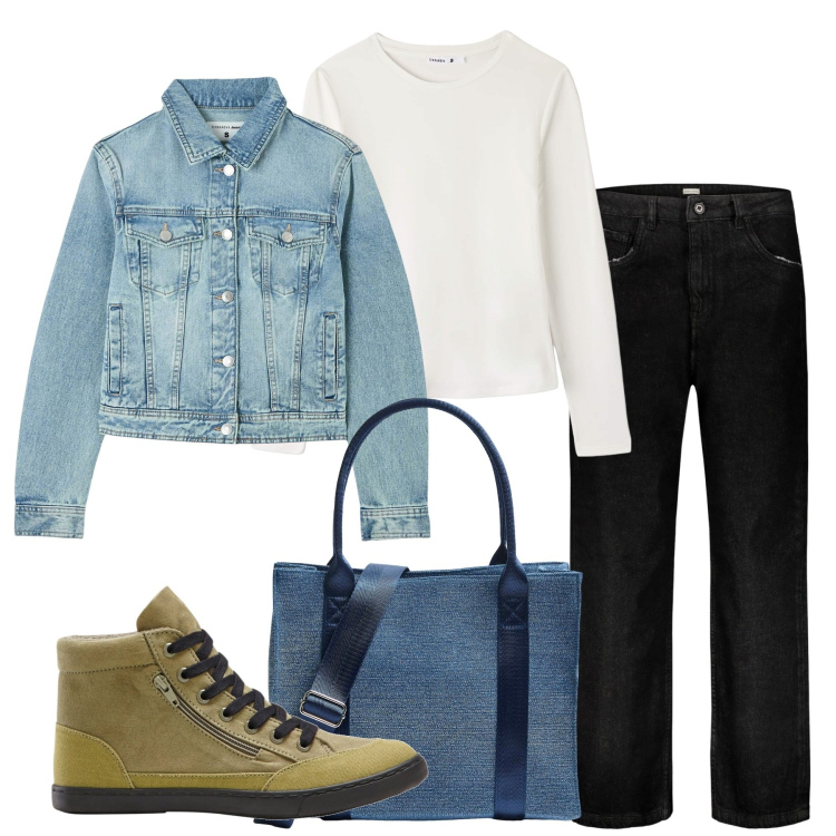 Outfit donna - Fine inverno. Stile Basic per Tutti i giorni. Abbinamento con sneakers, jeans, t-shirt, shopping bag, blazer.