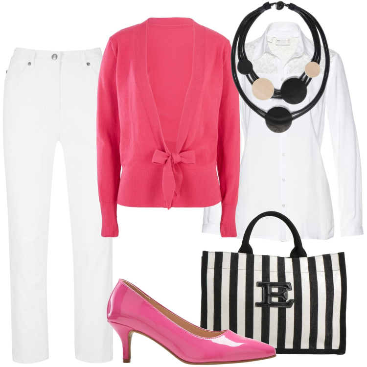Outfit donna - Total look #1826493. Stile Casual per Ufficio. Abbinamento con pantaloni, cardigans, camicie, décolleté, borse a mano, collane.