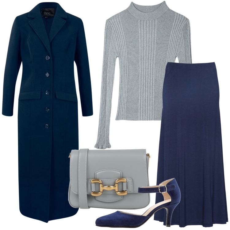 Outfit donna - Total look #1826579. Stile Casual per Ufficio. Abbinamento con décolleté, cappotti, gonne lunghe, borse a tracolla, maglieria.
