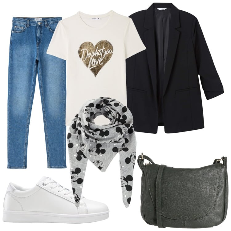 Outfit donna - Secondo semestre. Stile Casual per Scuola/Università. Abbinamento con sneakers, foulard, borse a tracolla, t-shirt, jeans skinny, blazer.