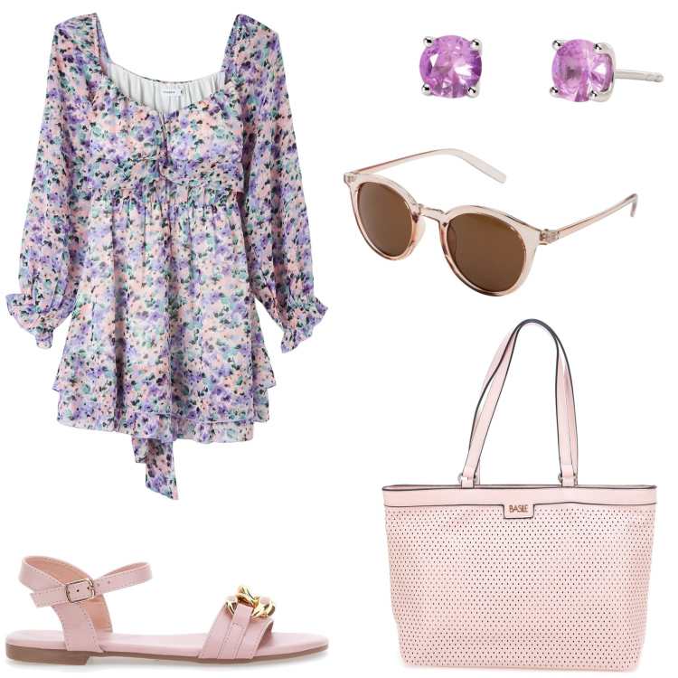 Outfit donna - Abito da donna a fantasia. Stile Casual per Tutti i giorni. Abbinamento con occhiali da sole, vestiti corti, orecchini, borse a spalla, sandali.