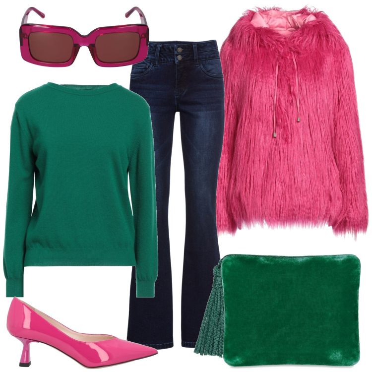 Outfit donna - Osare con il colore. Stile Casual chic per Tutti i giorni. Abbinamento con jeans bootcut, pullovers, cappotti, décolleté, occhiali da sole, pochette.
