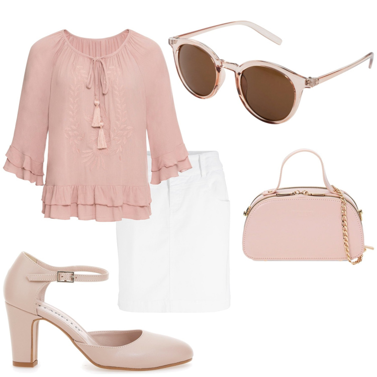 Outfit donna - Rose look. Stile Bon Ton per Tutti i giorni. Abbinamento con tuniche, occhiali da sole, minigonne, borse a mano, décolleté.