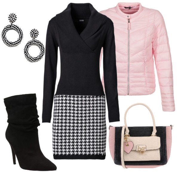 Outfit donna - Un tocco di Pink. Stile Chic per Tutti i giorni. Abbinamento con vestiti, borsa a mano fantasia multicolore taglia media con zip interno foderato in pelle sintetica con tracolla removibile, piumino rosa, stivali wide leg pianta larga nero, orecchini pendenti farfalla con perline in denim.