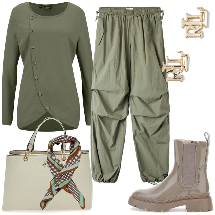 Outfit donna - Total look #1826630. Stile Casual per Tutti i giorni. Abbinamento con maglieria, pantaloni, foulard, orecchini, anfibi, borse a mano.