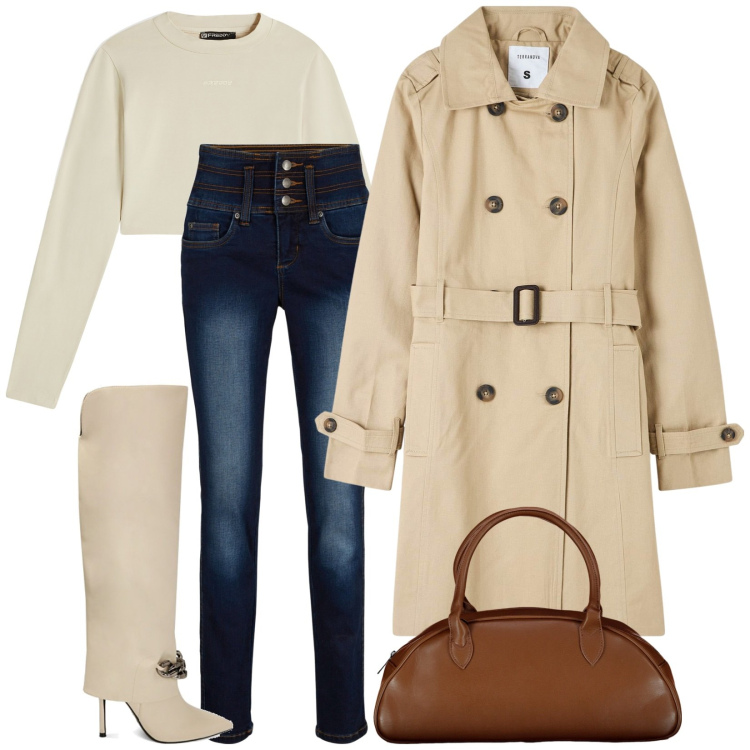 Outfit donna - Lo stivale sopra i jeans. Stile Casual chic per Tutti i giorni. Abbinamento con jeans slim fit, trench, maglieria, stivali, borse a spalla.