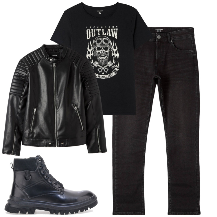 Outfit uomo - Total look #1826701. Stile Biker Rock per Tutti i giorni. Abbinamento con t-shirt, jeans, giacche, anfibi.
