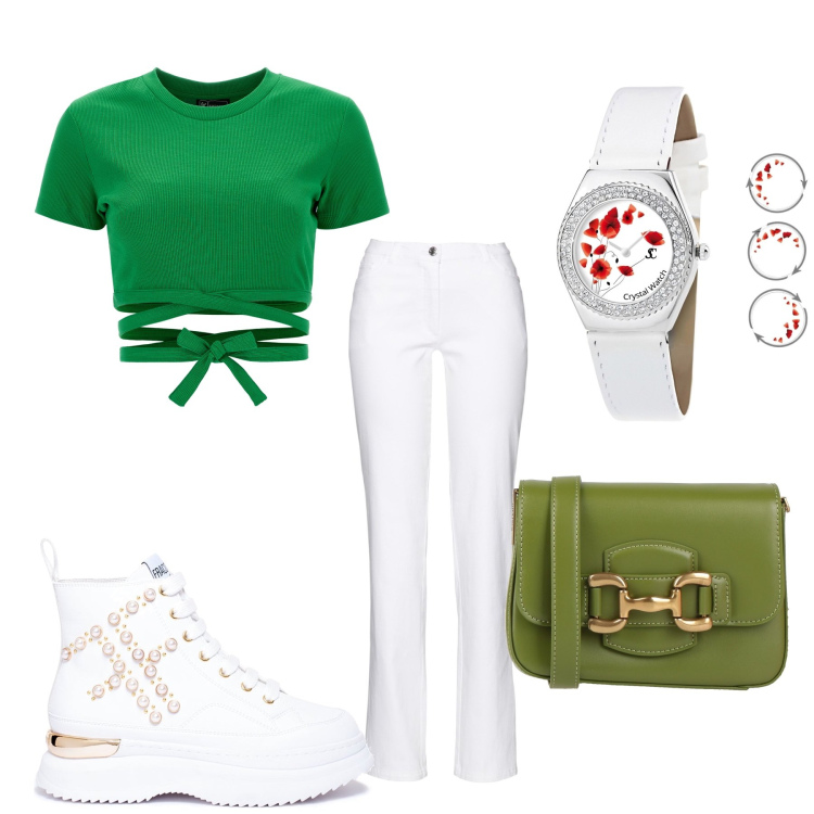 Outfit donna - Top green. Stile Casual per Tutti i giorni. Abbinamento con pantaloni, borse a tracolla, orologi, sneakers, top.