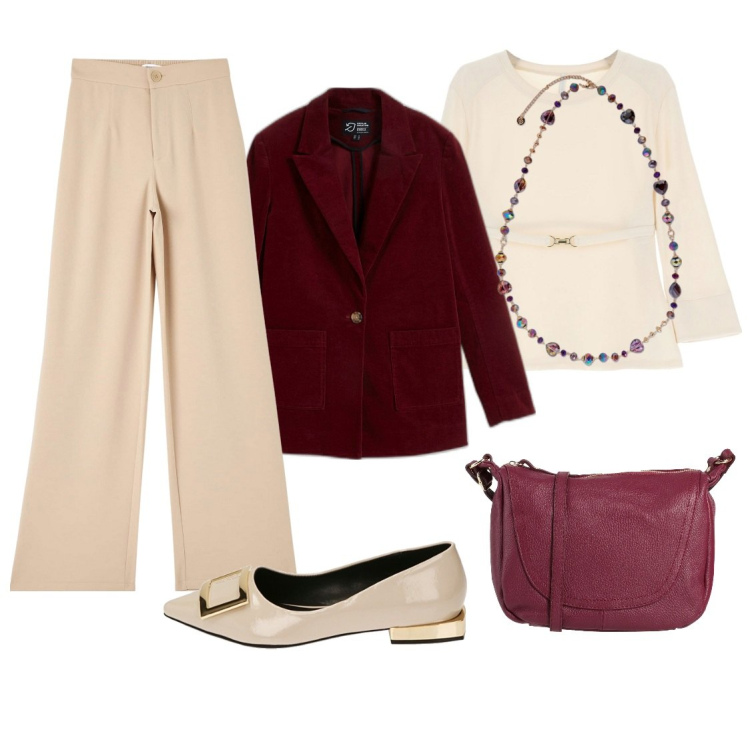 Outfit donna - Amaranto e beige per l\'ufficio. Stile Casual chic per Ufficio. Abbinamento con blazer, borse a tracolla, pantaloni, maglieria, ballerine, collane.