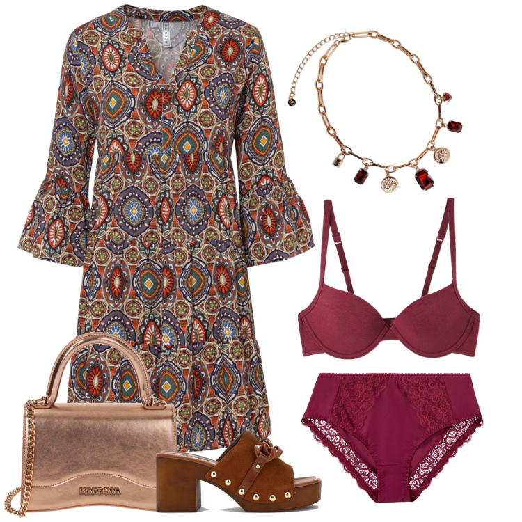 Outfit donna - Total look #1826808. Stile Boho per Tutti i giorni. Abbinamento con vestiti corti, slip, reggiseni, borse a mano, zoccoli, collane.