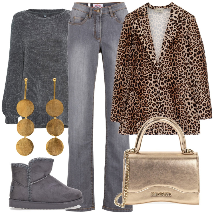 Outfit donna - Animal print. Stile Urban per Tutti i giorni. Abbinamento con maglieria, jeans dritti, borse a mano, blazer, orecchini, stivaletti.