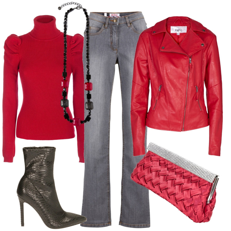 Outfit donna - Rock&Red. Stile Rock per Tutti i giorni. Abbinamento con jeans dritti, blazer, maglieria, stivaletti, pochette, collane.