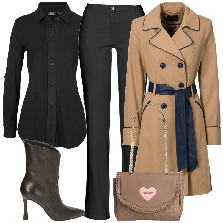 Outfit donna - Total look #1826868. Stile Chic per Tutti i giorni. Abbinamento con camicie, trench, pantaloni, borse a spalla, stivaletti.