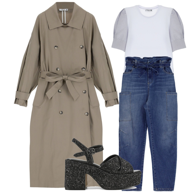 Outfit donna - Please denim. Stile Urban per Tutti i giorni. Abbinamento con jeans, t-shirt, cappotti, sandali.