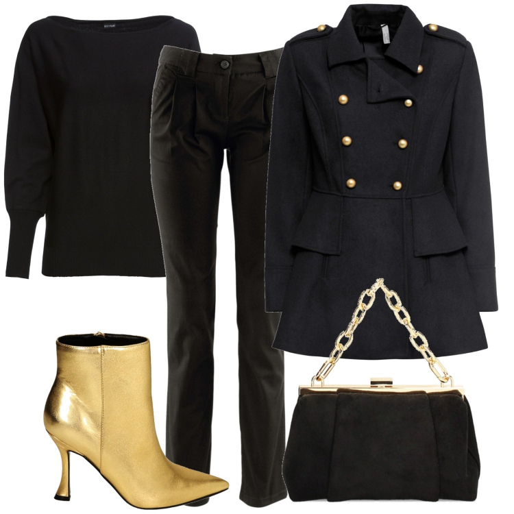 Outfit donna - Dettagli oro. Stile Chic per Tutti i giorni. Abbinamento con pantaloni chino, cappotti, maglieria, stivaletti, borse a spalla.