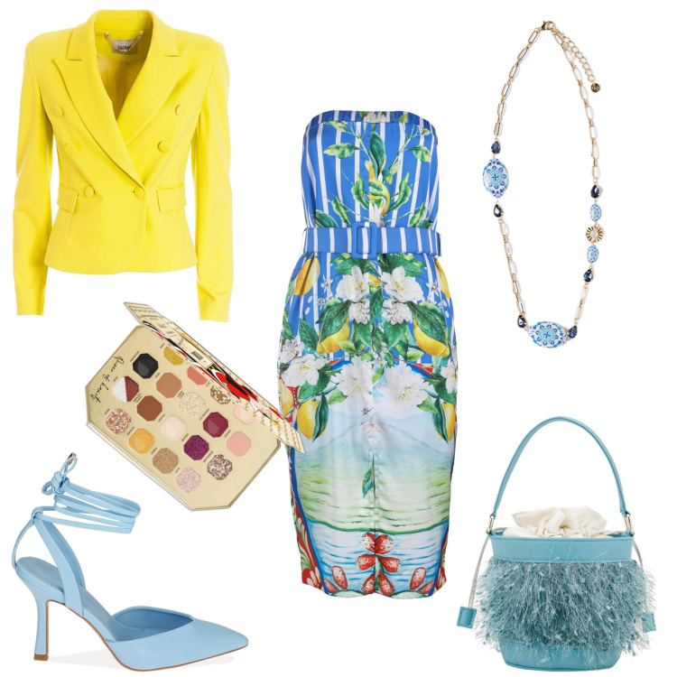Outfit donna - Giallo mimosa. Stile Romantica per Cerimonia. Abbinamento con ombretti, vestiti midi/longuette, blazer, décolleté, borse a secchiello, ciondoli.