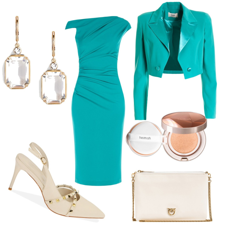 Outfit donna - Cerimonia in turquoise. Stile Romantica per Cerimonia. Abbinamento con fondotinta, borse a tracolla, vestiti asimmetrici, blazer, décolleté, orecchini.