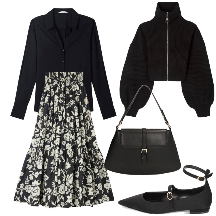 Outfit donna - Fiori. Stile Glamour per Ufficio. Abbinamento con gonne lunghe, camicie, maglieria, ballerine, borse a spalla.