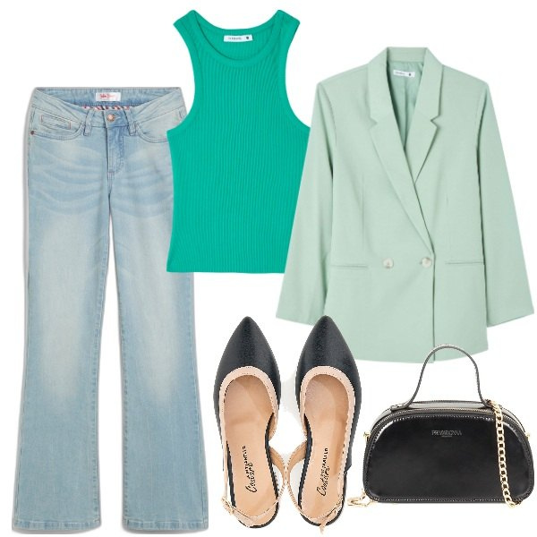 Outfit donna - Jeans e blazer. Stile Urban per Tutti i giorni. Abbinamento con jeans bootcut, canottiere, blazer, borse a mano, ballerine.