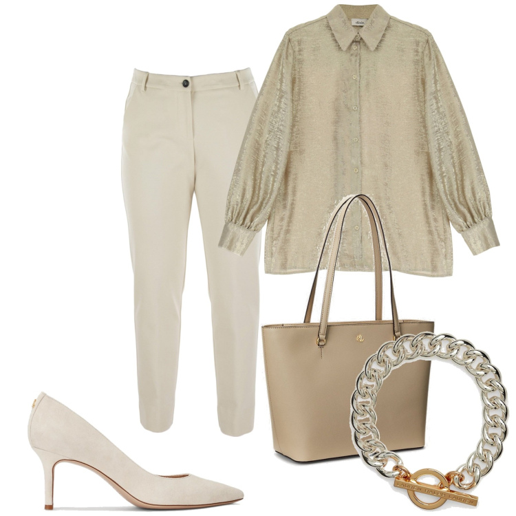 Outfit donna - Nuovi arrivi. Stile Glamour per Ufficio. Abbinamento con camicie, borse tote, décolleté, braccialetti, pantaloni.