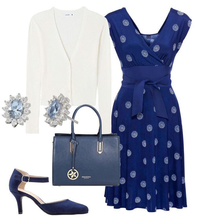 Outfit donna - Romantici pois. Stile Romantica per Tutti i giorni. Abbinamento con décolleté, vestiti, cardigans, orecchini, borse a mano.