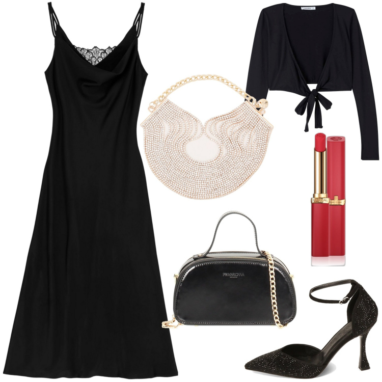 Outfit donna - La serata con le amiche. Stile Chic per Serata fuori. Abbinamento con rossetti, blazer, vestiti midi/longuette, collane, décolleté, borse a mano.