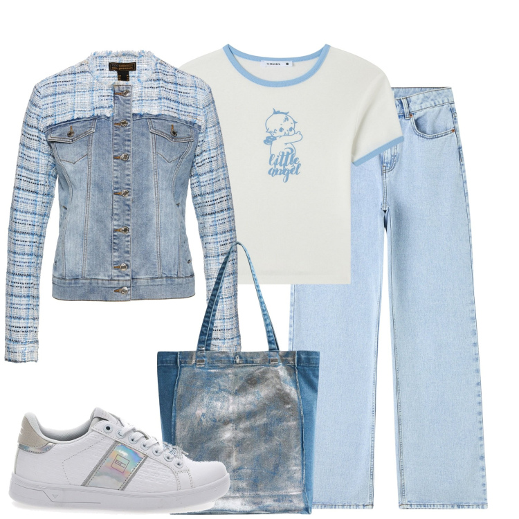 Outfit donna - City. Stile Urban per Tutti i giorni. Abbinamento con blazer, jeans, shopping bag, t-shirt, sneakers.
