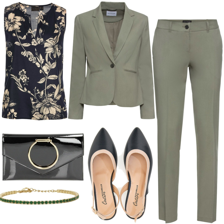 Outfit donna - Il verde militare. Stile Chic per Tutti i giorni. Abbinamento con pantaloni, top, blazer, braccialetti, pochette, ballerine.